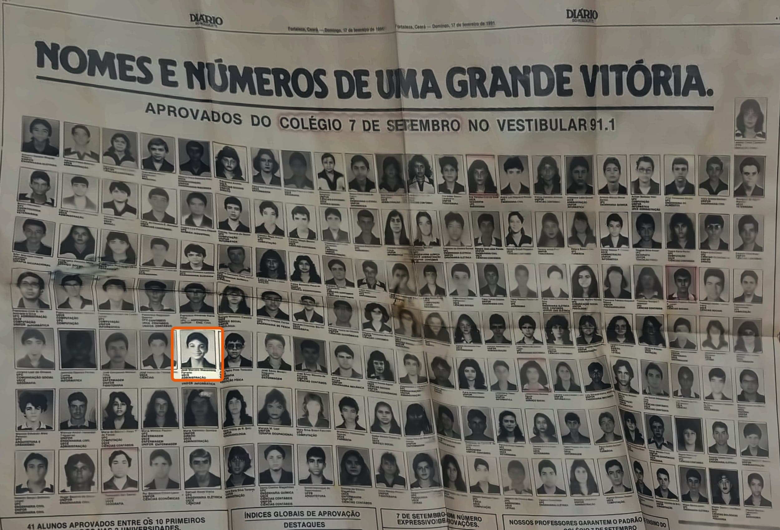 Diário do Nordeste, 17 February 1991: students from Colégio 7 de Setembro admitted in the Vestibular 91.1, with Marcelo's photo highlighted in orange