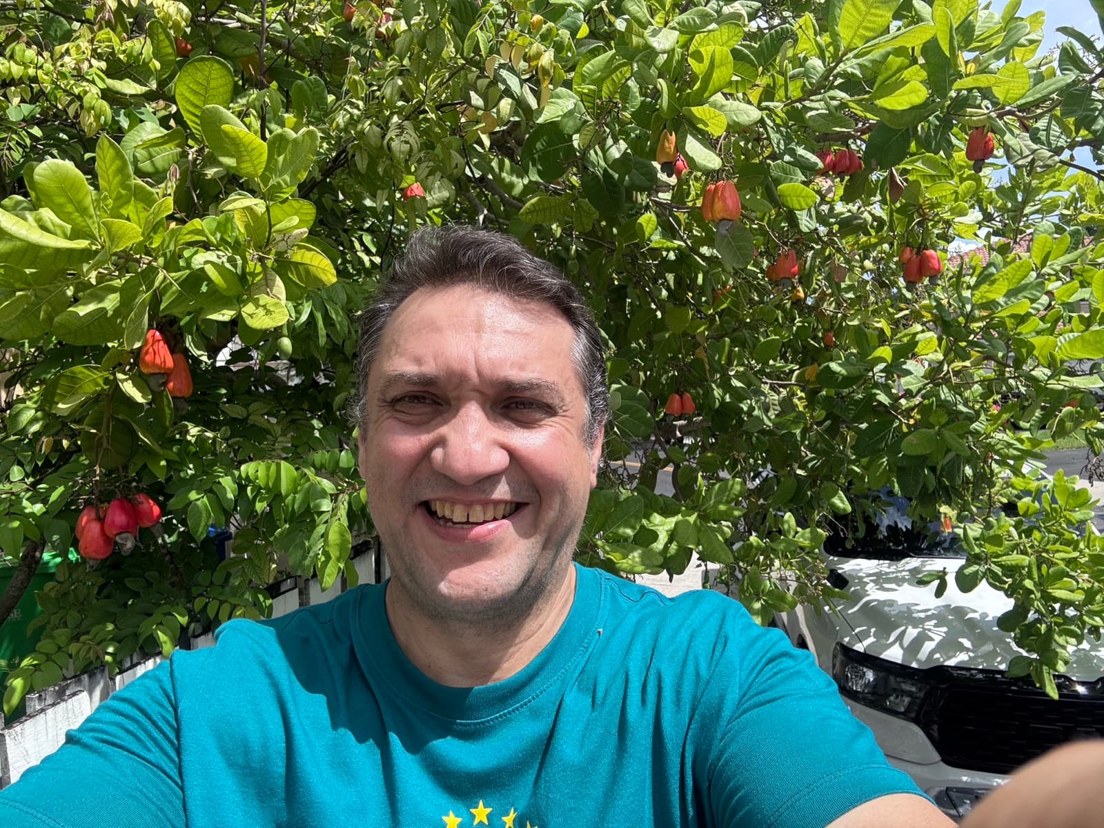 Marcelo Macambira under a fruiting cashew tree in his South Florida backyard